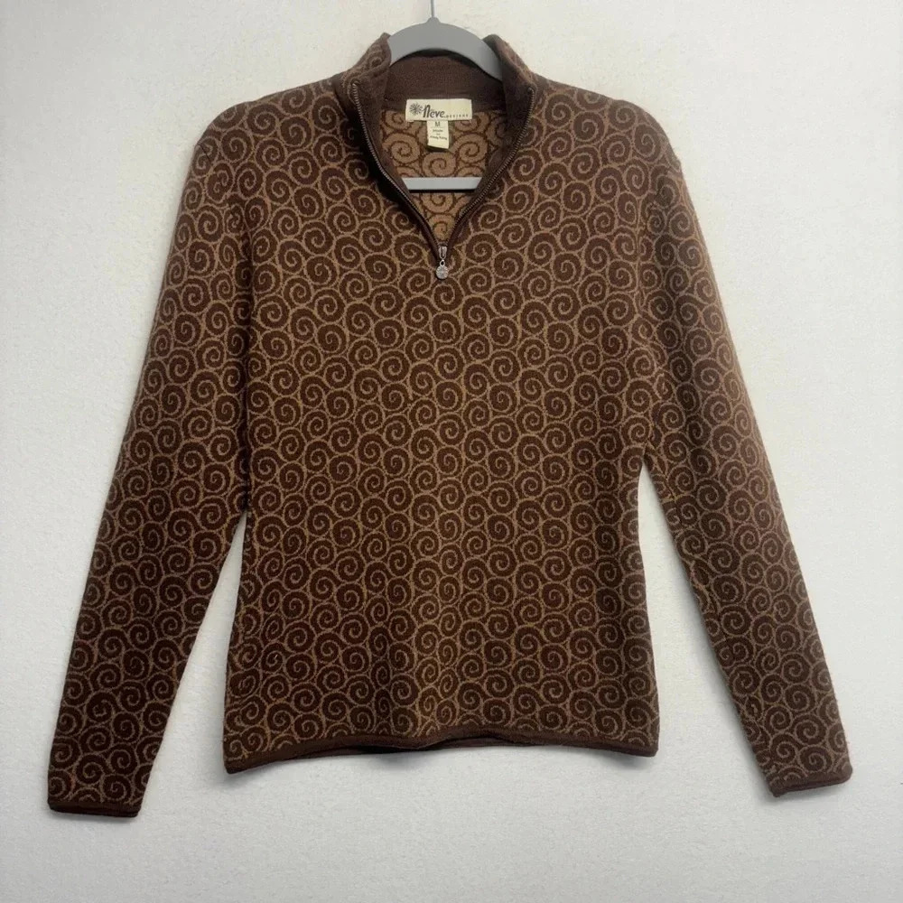 Neve Designs Brown !00% Wool Pullover‎ Sweater M 1/4 Zip Swirl Knit Pattern